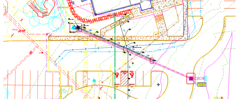 Overlay of GPS control linework and site plan across a Texas jobsite
